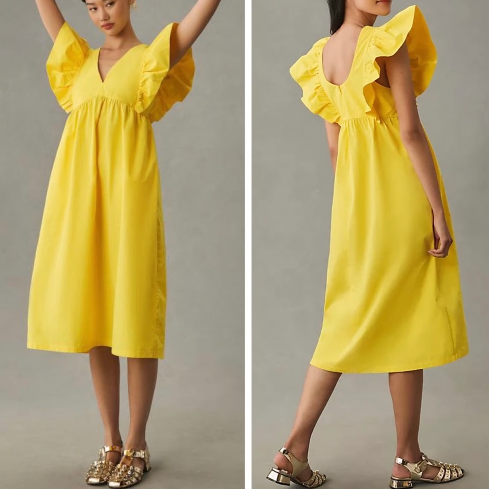 Anthropologie Yellow Ruffle Sleeve Dress XS